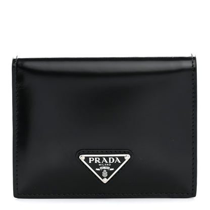 Prada Brushed Calfskin Small Triangle Bi-Fold Wallet Black 1 of 8