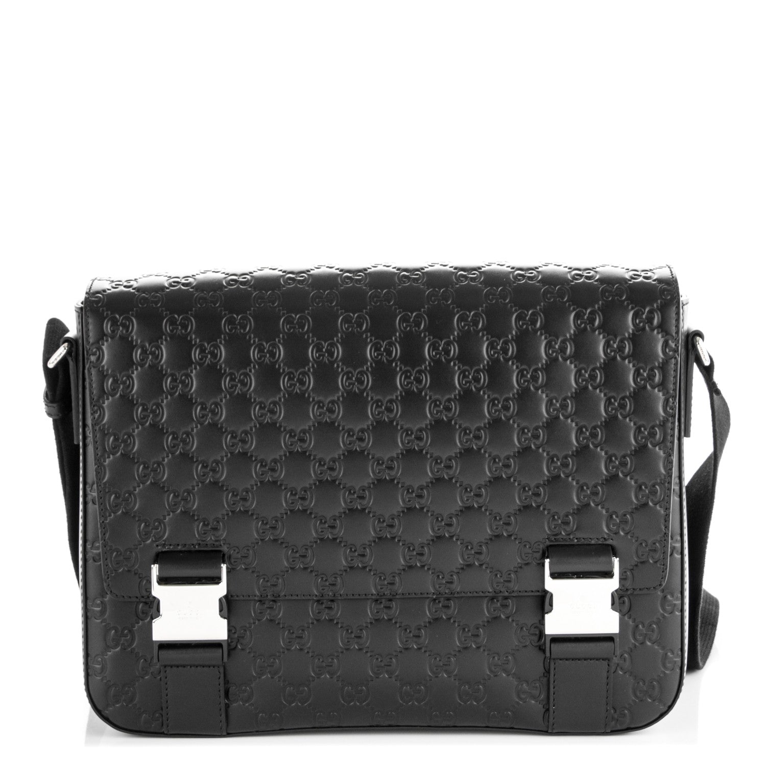 Gucci Guccissima Signature Medium Double Buckle Flap Messenger Bag Black 1 of 7