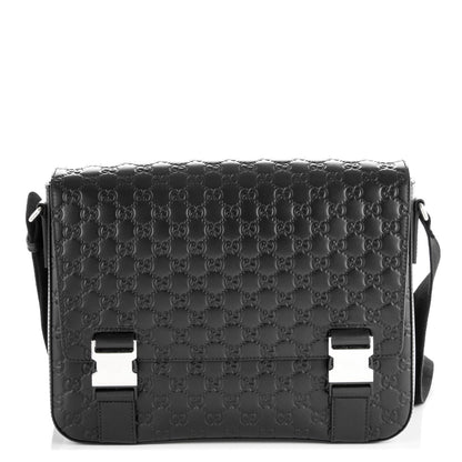 Gucci Guccissima Signature Medium Double Buckle Flap Messenger Bag Black 1 of 7