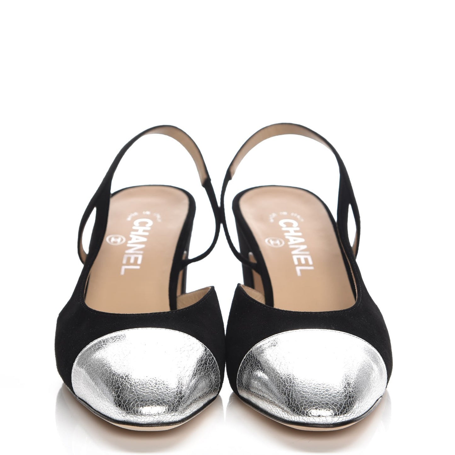 Kid Suede Metallic Lambskin Cap Toe CC Slingback Pumps 39.5 Black Silver