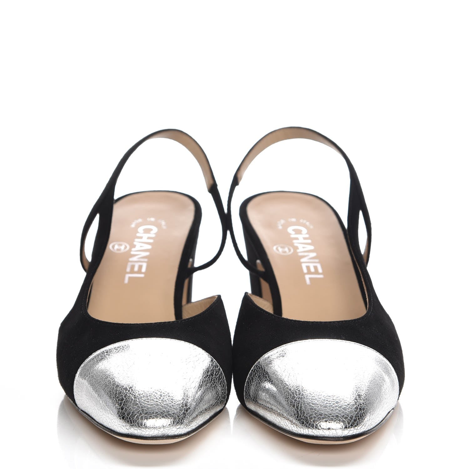 Chanel Kid Suede Metallic Lambskin Cap Toe CC Slingback Pumps 39.5 Black Silver 2 of 9