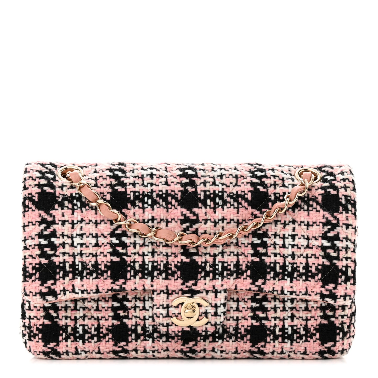 Tweed Quilted Medium Double Flap Pink Black White