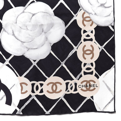 Chanel Silk CC Camellia Scarf White Black 5 of 5