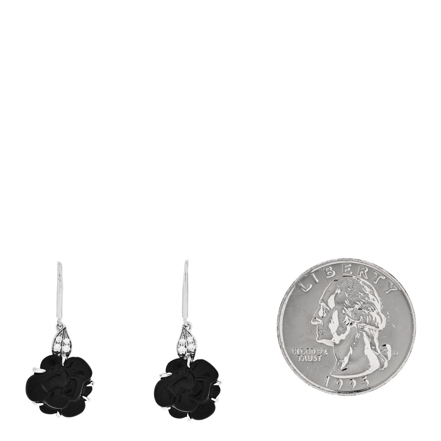 18K White Gold Diamond Black Onyx Camelia Sculpte Drop Earrings