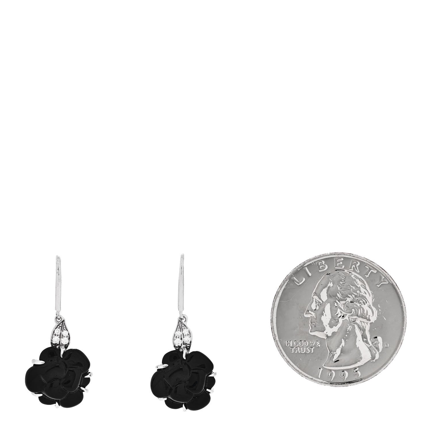 Chanel 18K White Gold Diamond Black Onyx Camelia Sculpte Drop Earrings 2 of 4