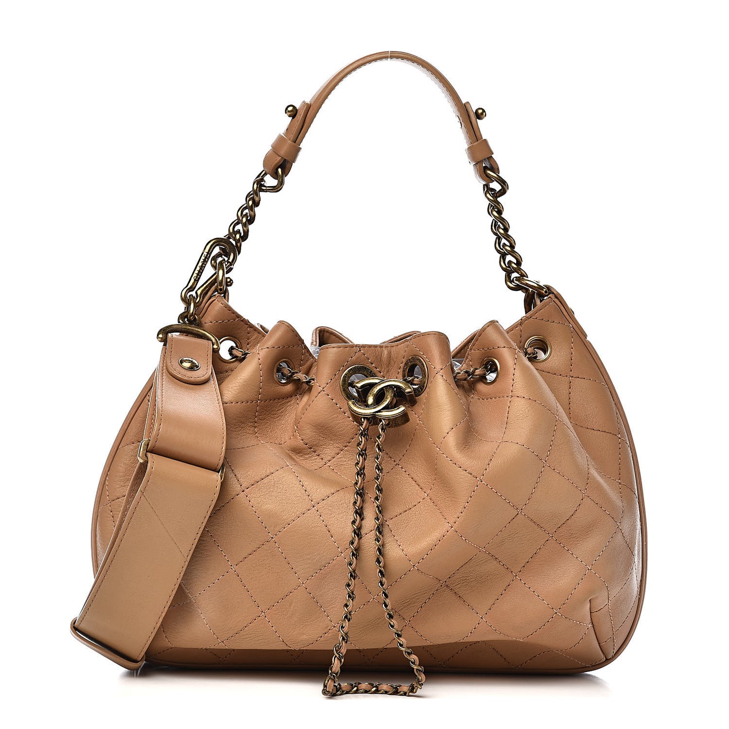 Calfskin Stitched Medium Drawstring CC Bag Beige