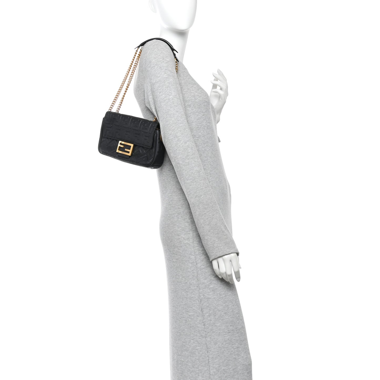 Nappa Small FF Embossed Midi Chain Baguette Black