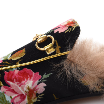 Gucci Velvet Fur Floral Womens Princetown Slippers 36 Black 9 of 10