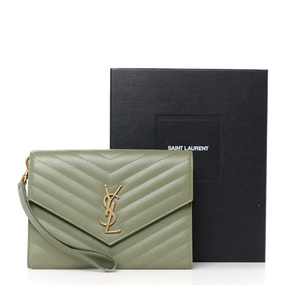 Saint Laurent Grain De Poudre Matelasse Chevron Monogram Envelope Clutch Light Sage 11 of 11