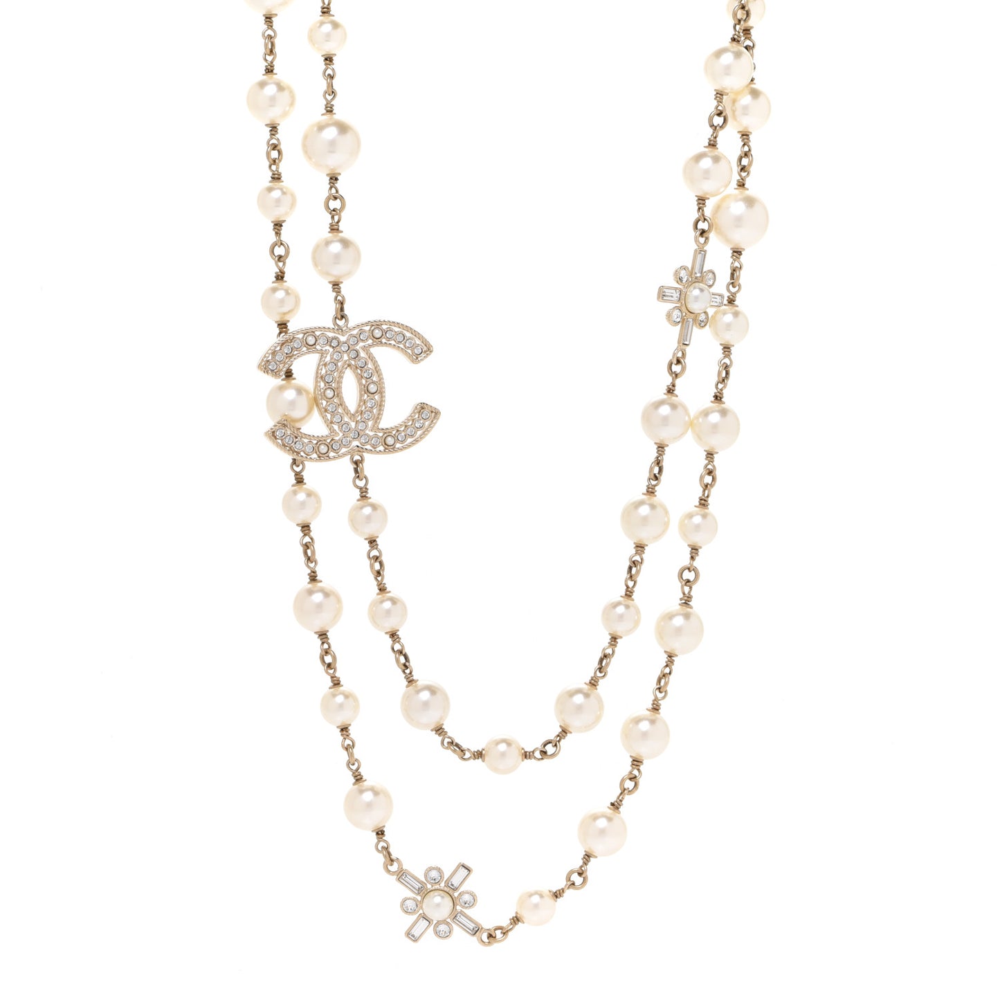 Crystal Baguette Pearl CC Necklace Gold