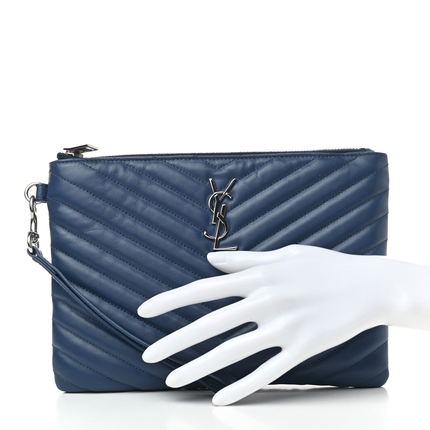 Saint Laurent Calfskin Matelasse Chevron Monogram Zip A5 Pouch Medium Blue 2 of 8