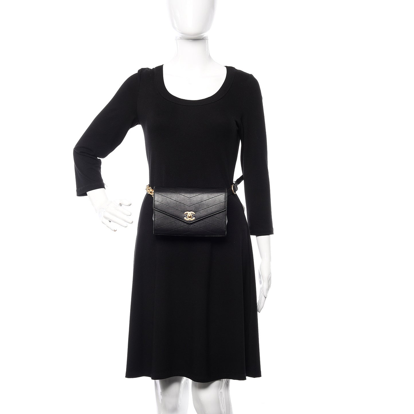 Calfskin Chevron Stitched Coco Waist Bag Black