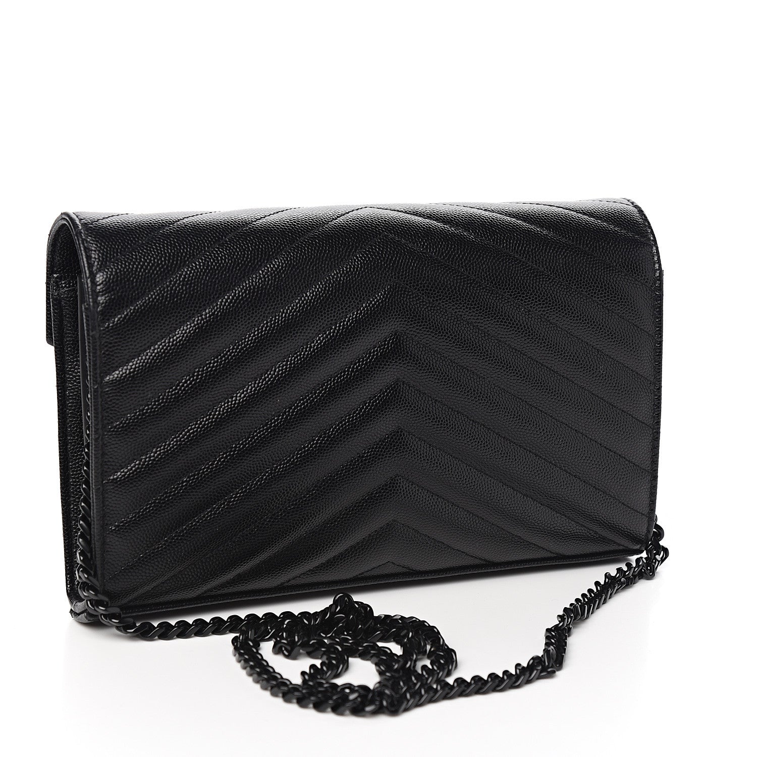 Saint Laurent Grain De Poudre Matelasse Chevron Monogram Chain Wallet Black 2 of 8