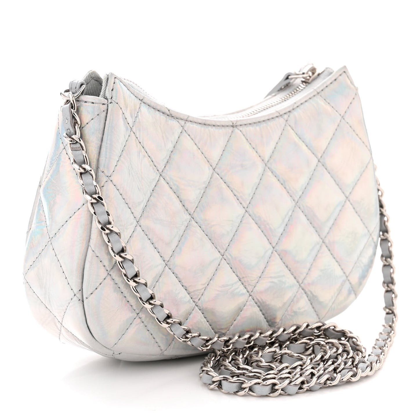 Iridescent Mirror Goatskin Quilted Clutch With Chain Silver