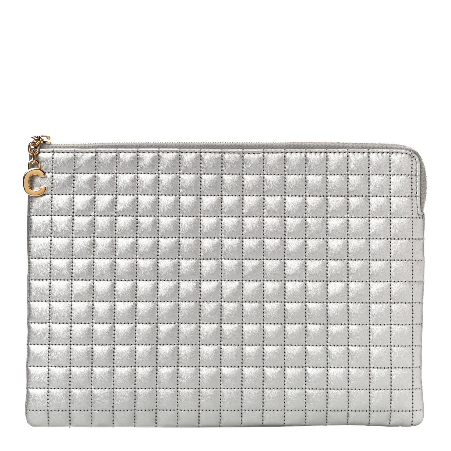 Laminated Calfskin Quilted C Charm Pouch Silver