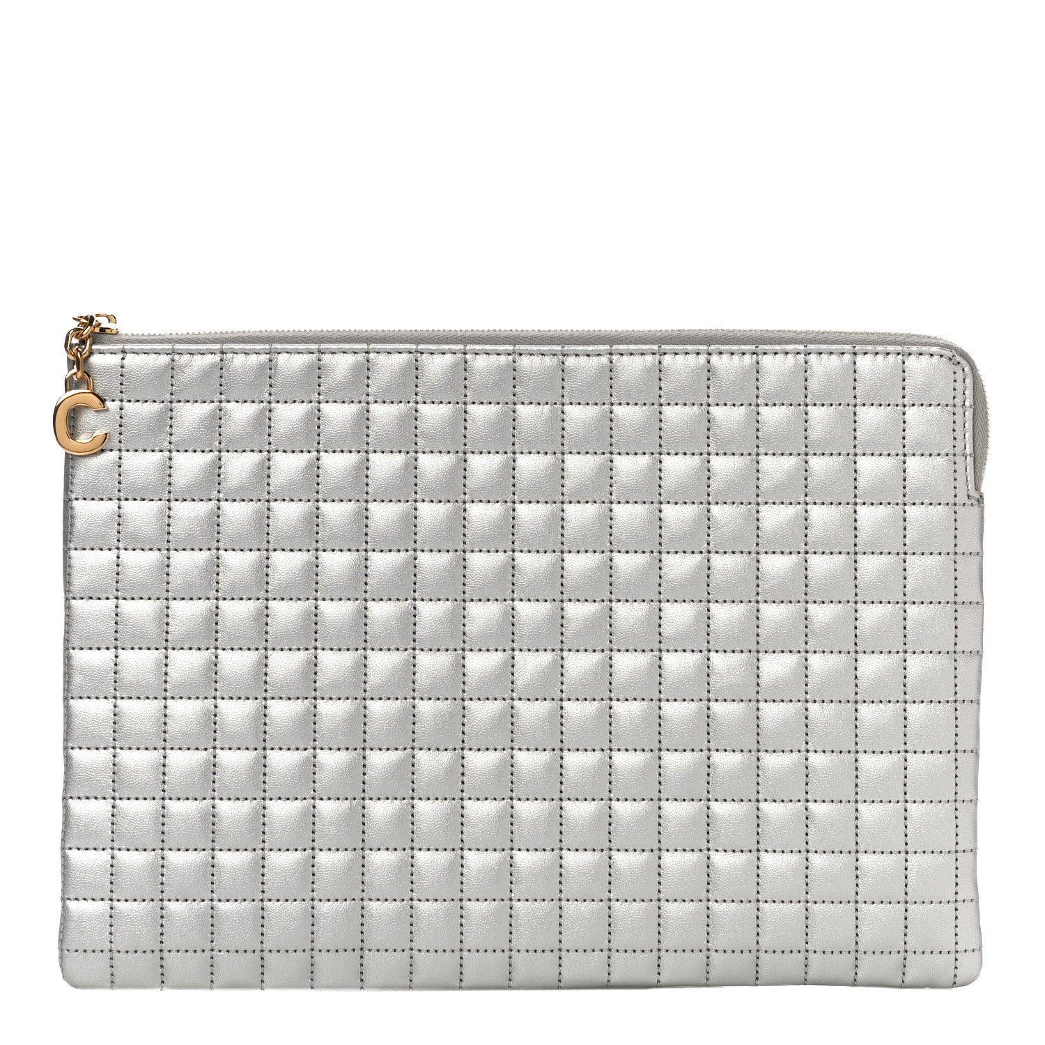 Celine Laminated Calfskin Quilted C Charm Pouch Silver 1 of 9