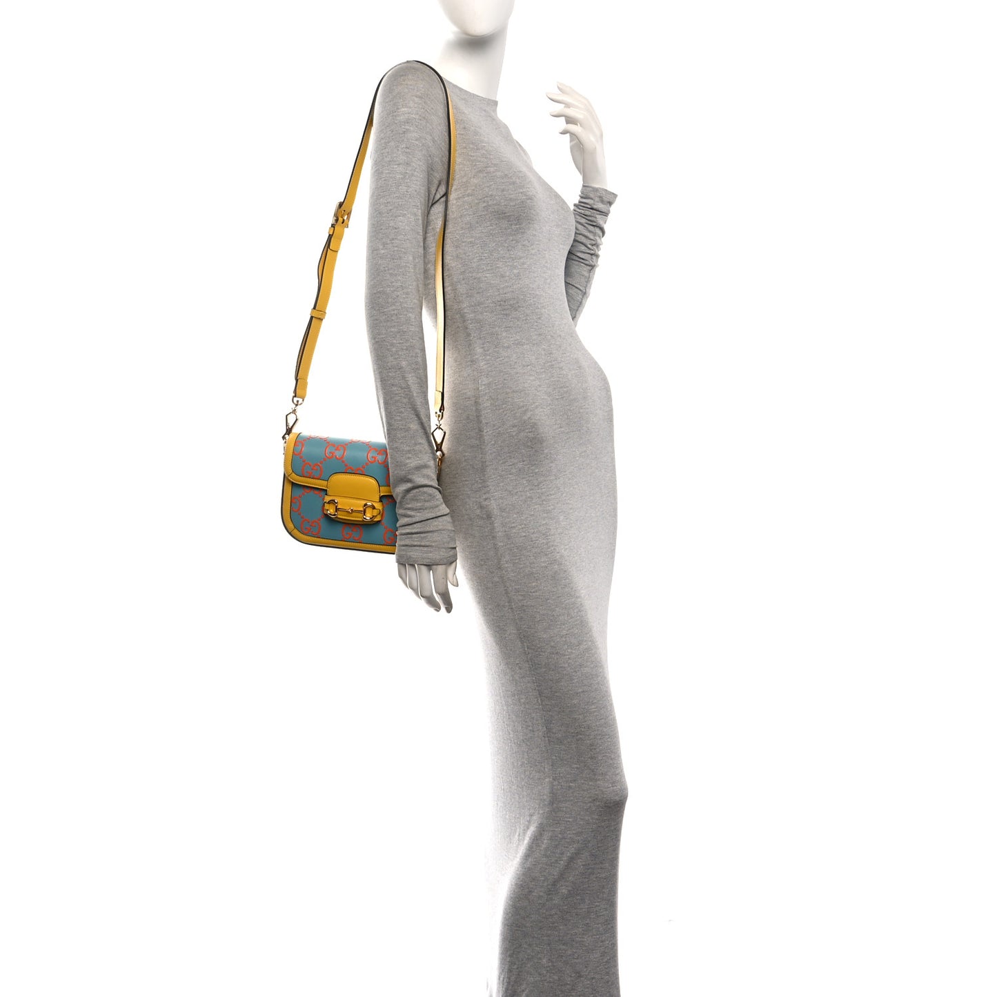 Azalea Calfskin GG Monogram Bi-Color Debossed Mini Horsebit 1955 Shoulder Bag Dusty Azure Stone Topaz Deep Orange