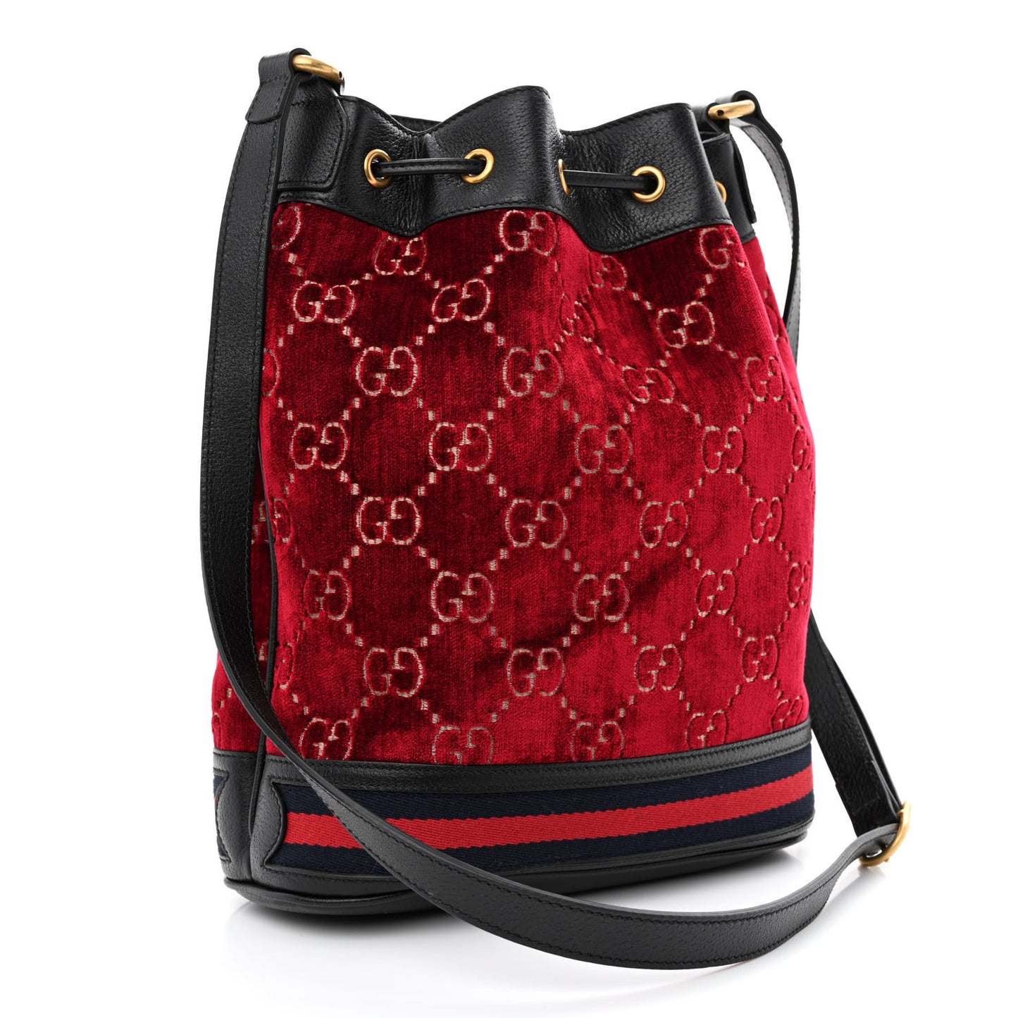 Velvet GG Monogram Textured Calfskin Web Bucket Bag Red Cipria Black
