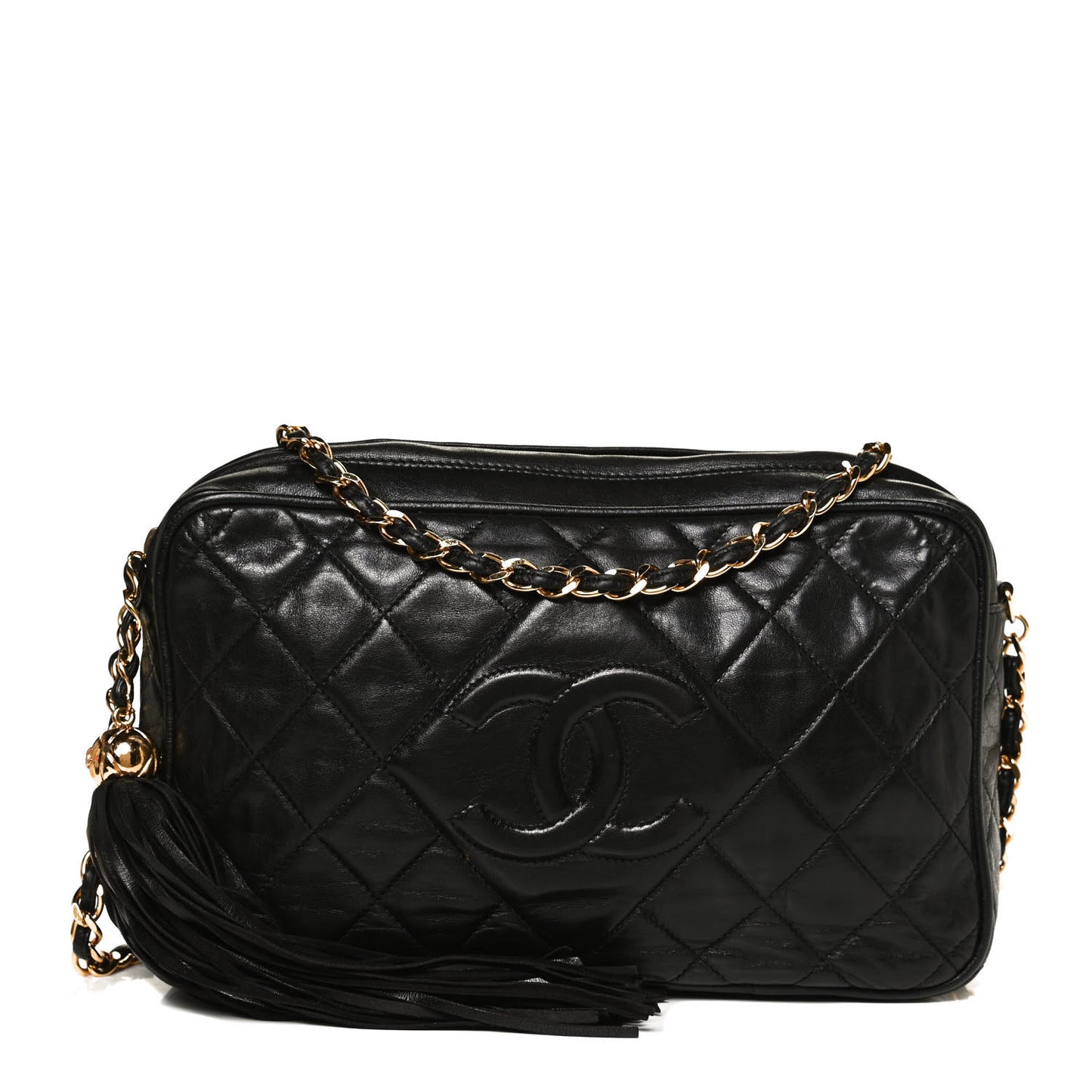 Lambskin Quilted CC Tassel Camera Case Black