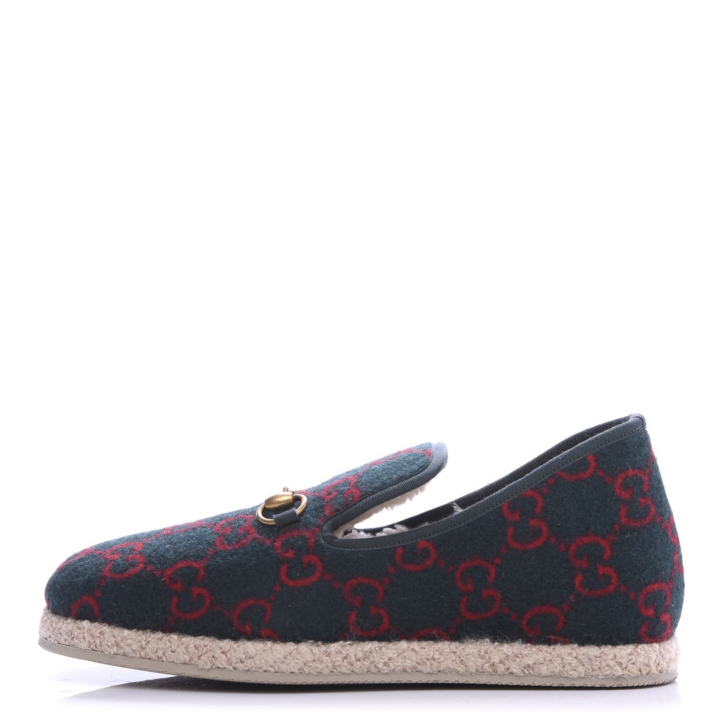 Covered Wool GG Monogram Mens Fria Horsebit Loafers 8 Green Red Shamarock Butterscotch
