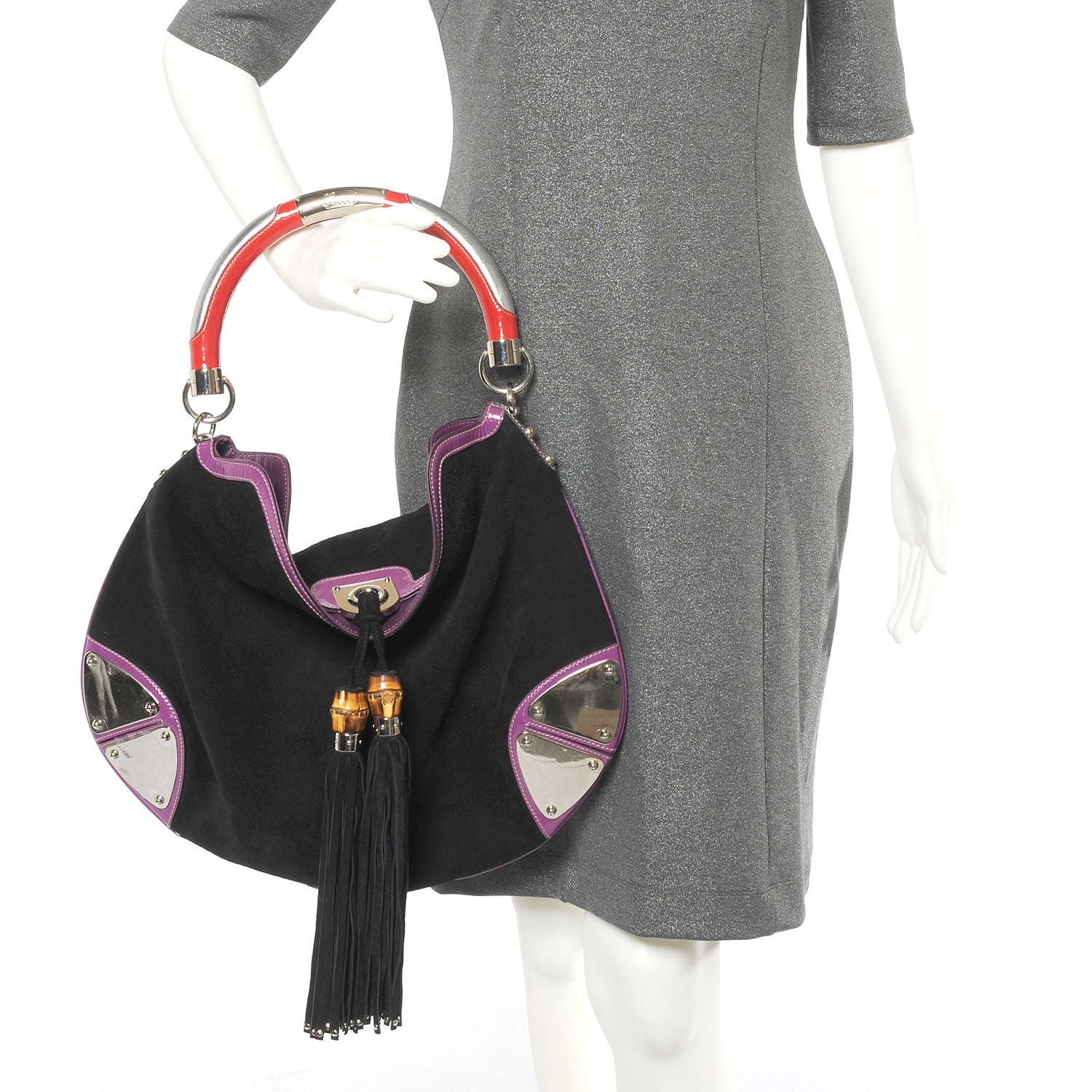 Gucci Suede Large Indy Top Handle Hobo Black Purple Red 3 of 7