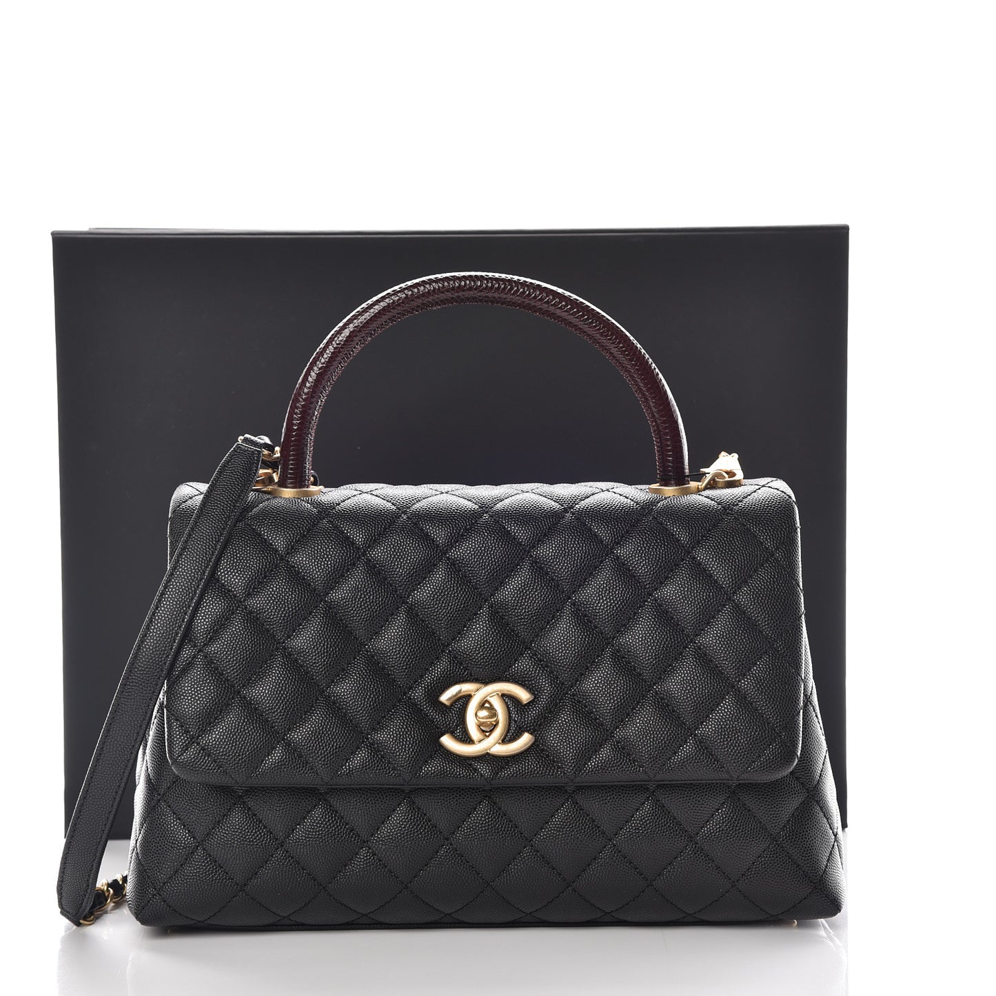Caviar Lizard Embossed Quilted Small Coco Handle Flap Black