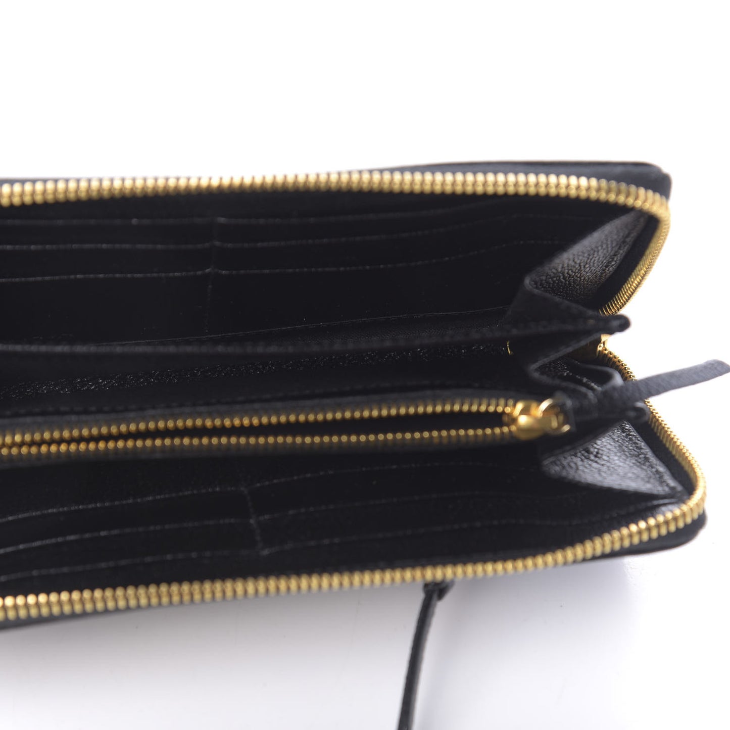 Chevre Gold Metallic Edge Hardware Zip Around Wallet Black