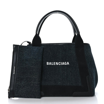 Balenciaga Denim Fabric Satin Calfskin S Navy Cabas Washed Black 3 of 12