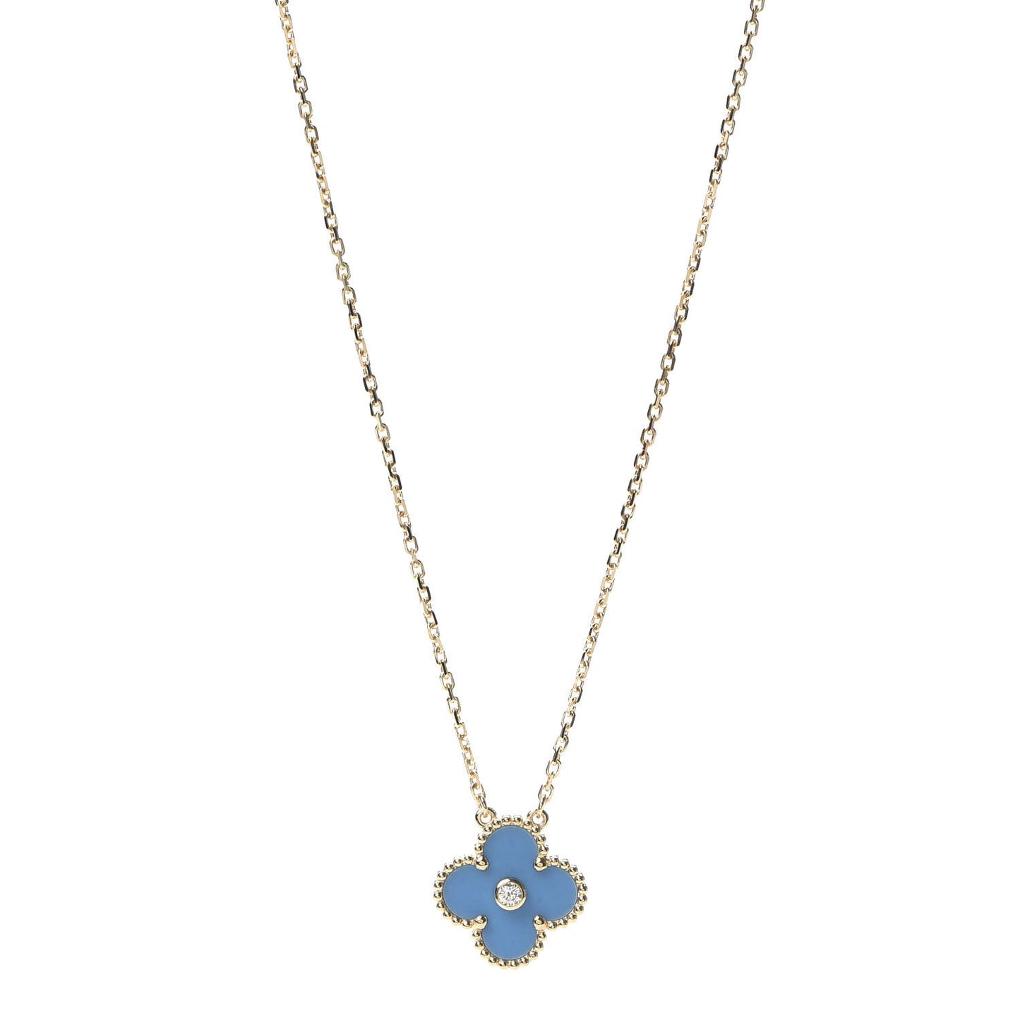 18K Yellow Gold Diamond Celestial Blue Sevres Porcelain Vintage Alhambra Pendant Necklace