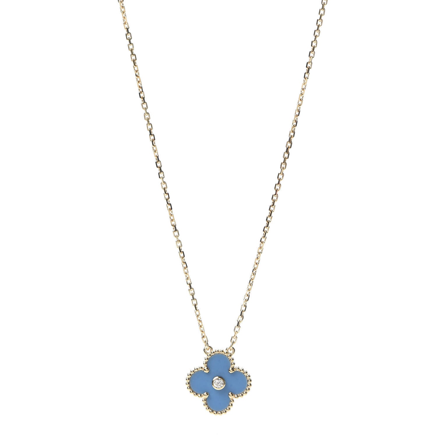 Van Cleef & Arpels 18K Yellow Gold Diamond Celestial Blue Sevres Porcelain Vintage Alhambra Pendant Necklace 1 of 8