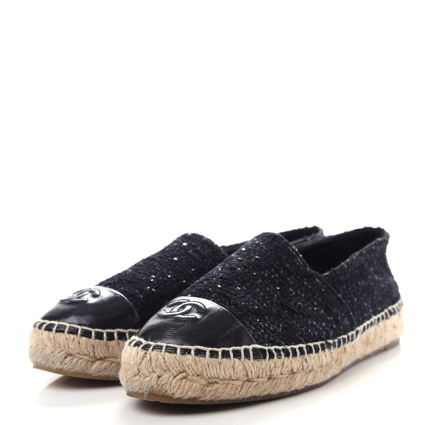 Tweed Patent Goatskin Sequin CC Espadrilles 38 Black