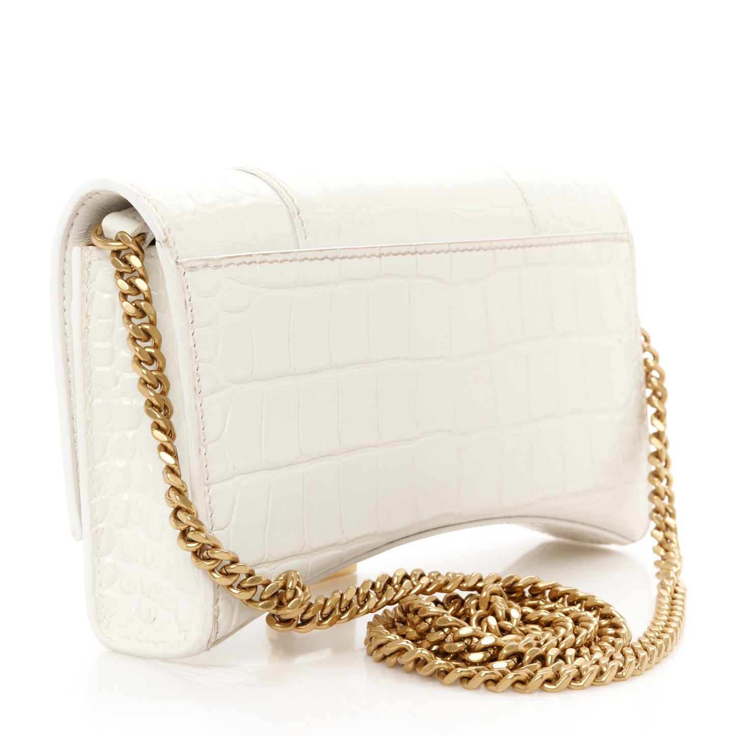 Shiny Calfskin Crocodile Embossed Hourglass Chain Bag White