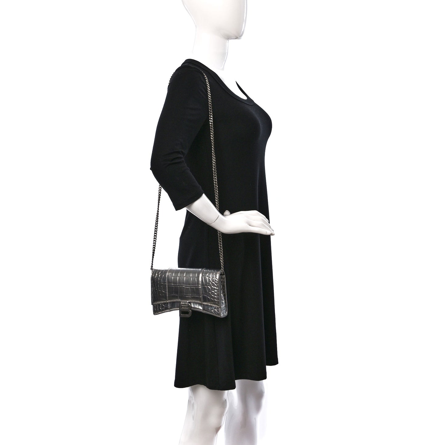 Metallic Calfskin Crocodile Embossed Hourglass Chain Bag Silver
