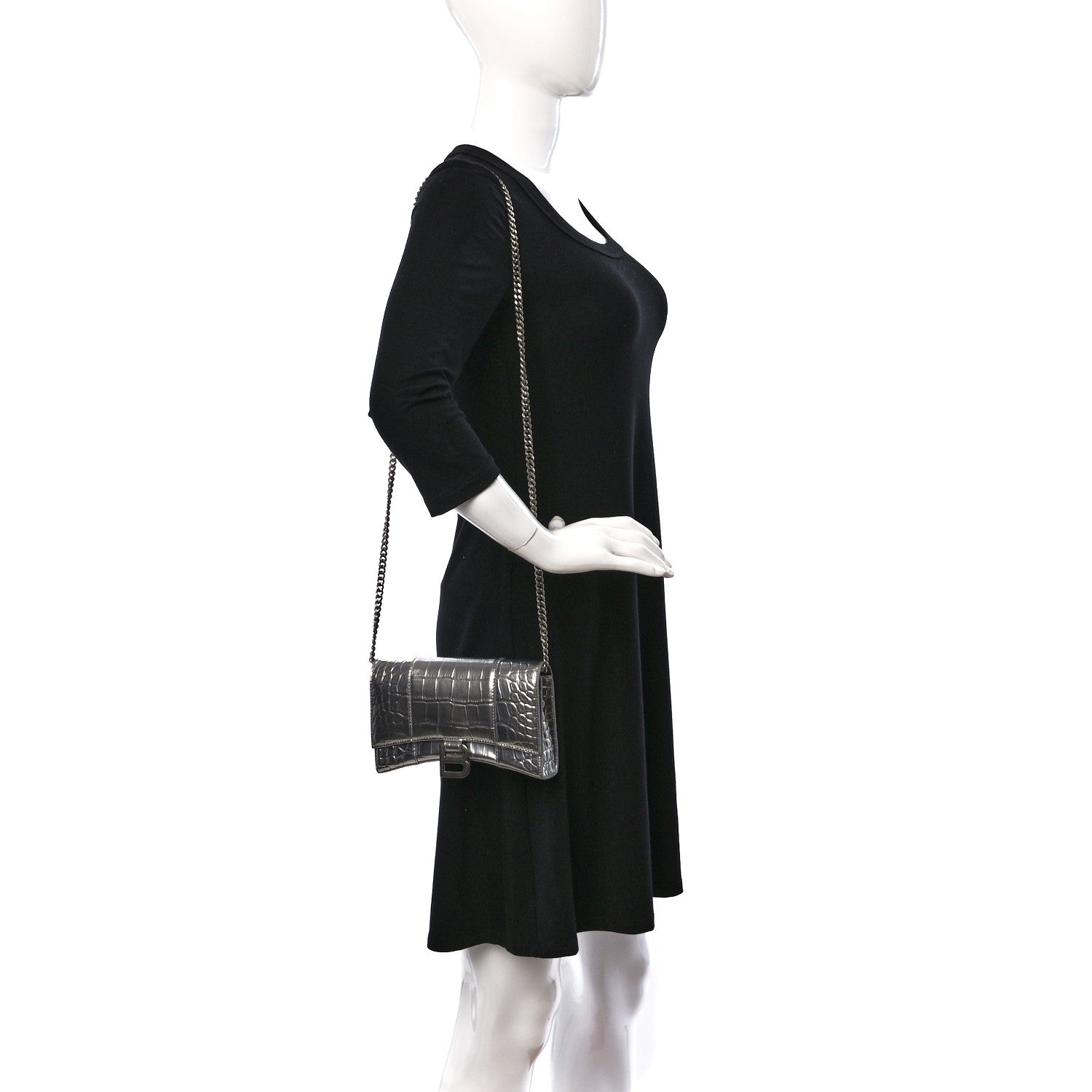 Balenciaga Metallic Calfskin Crocodile Embossed Hourglass Chain Bag Silver 2 of 12