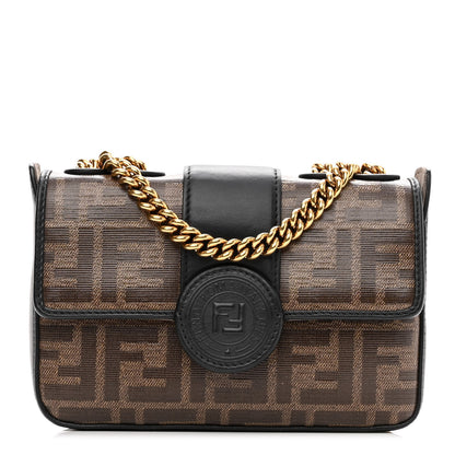 Fendi Glazed Fabric Vitello Century FF 1974 Stamp Patch Mini Double F Crossbody Bag Mogano Panna Black 1 of 10
