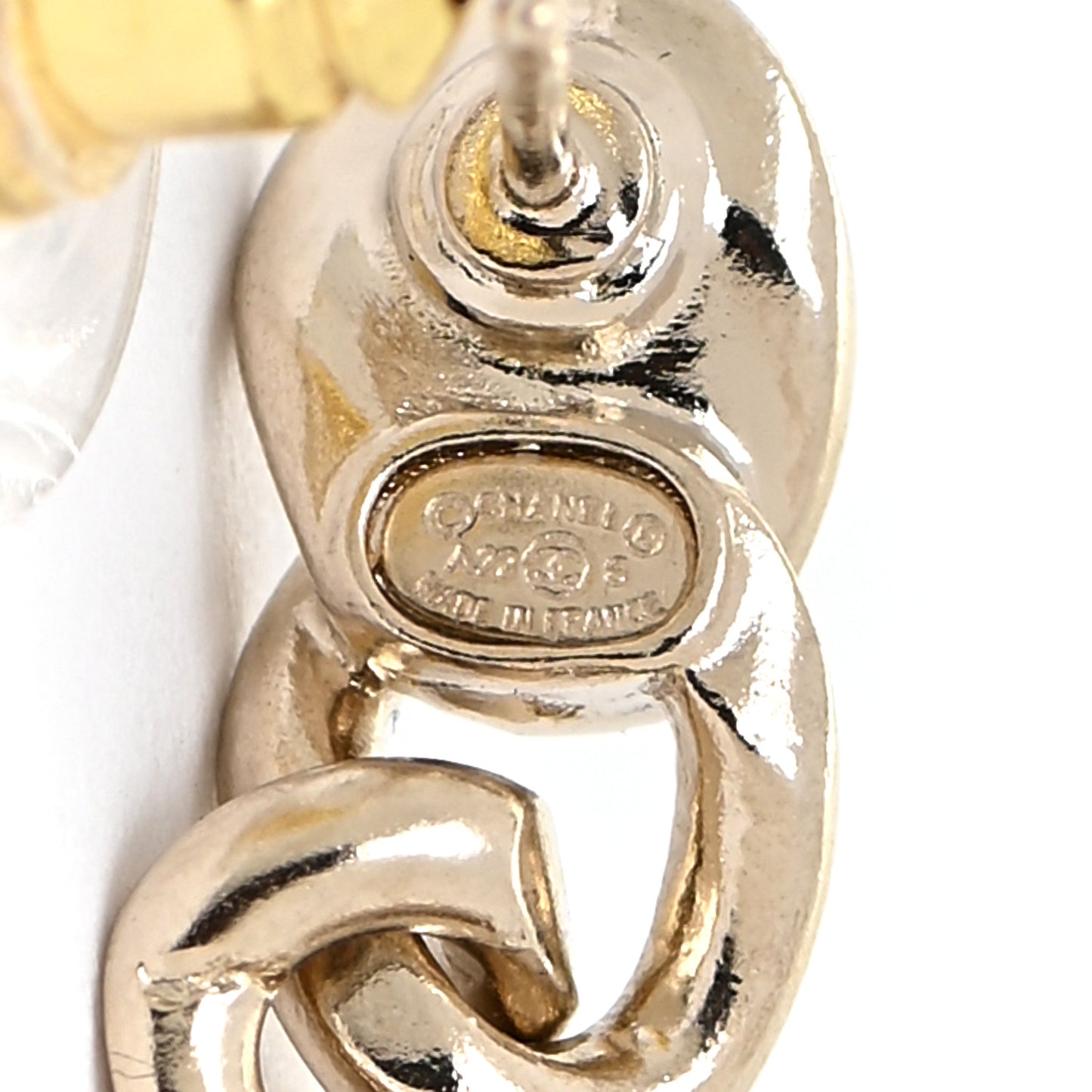 Pearl Resin Crystal CC No 5 Perfume Bottle Chain Drop Earrings Gold Pearly White