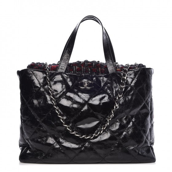 Chanel Glazed Calfskin Quilted Tweed Portobello Tote Black Red 1 of 8