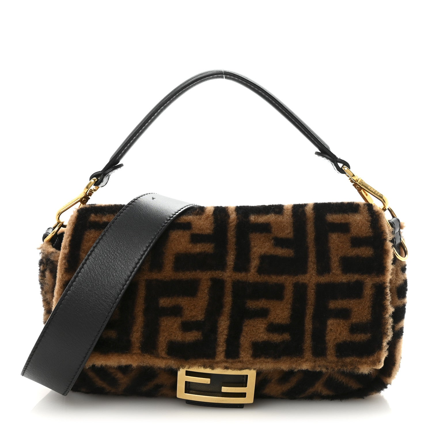 Fendi Shearling Vitello Dolce Macro FF 1974 Baguette Tobacco Black 1 of 9