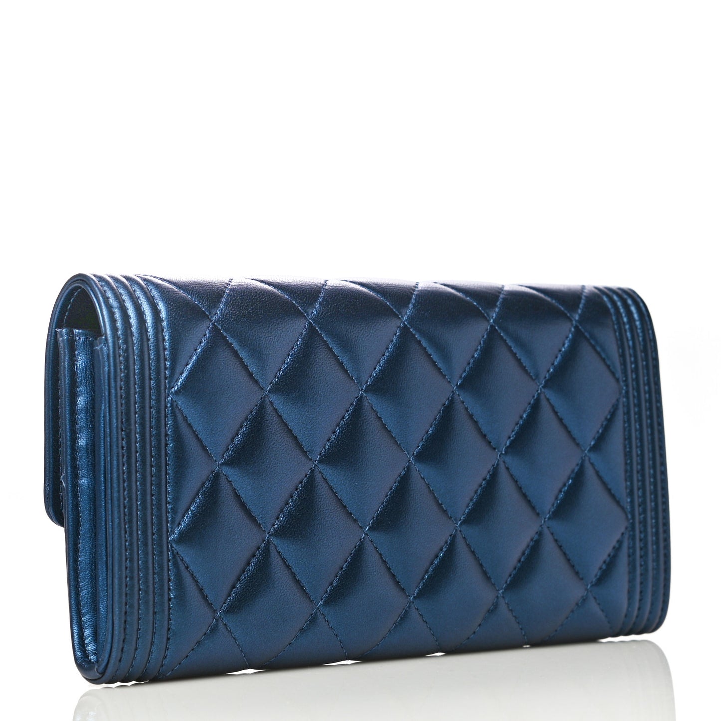 Metallic Lambskin Quilted Large Boy Gusset Flap Wallet Blue