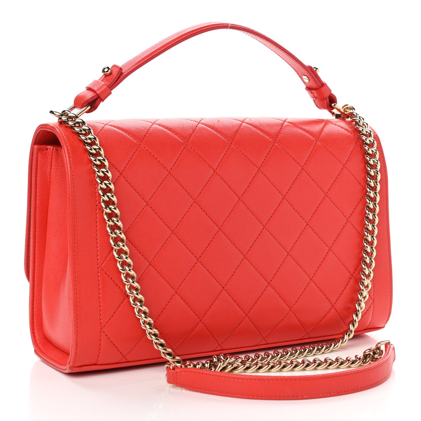 Grained Calfskin Quilted Large Label Click Flap Bag Red