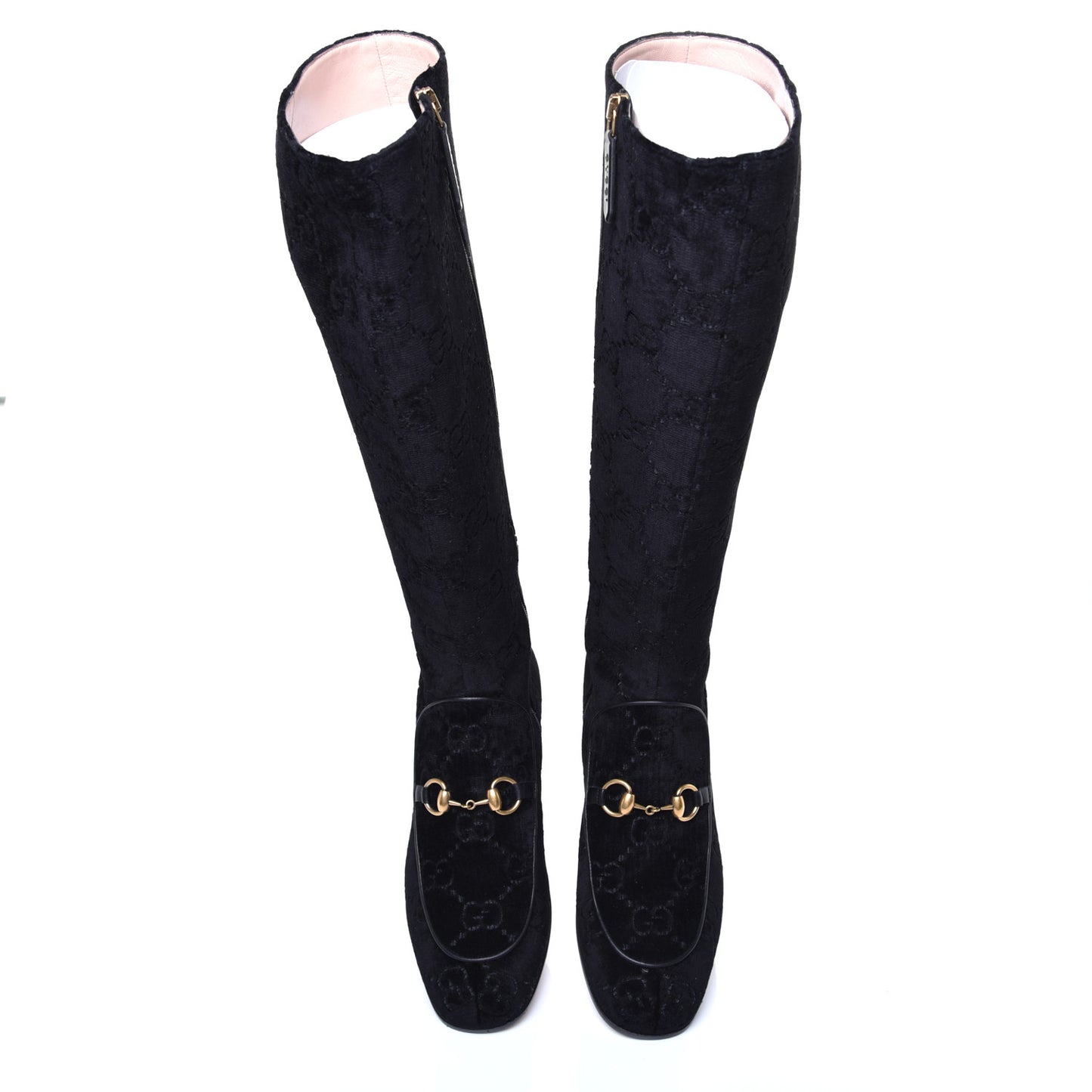 Velvet GG Monogram Crystal Horsebit Knee High Boots 39.5 Black