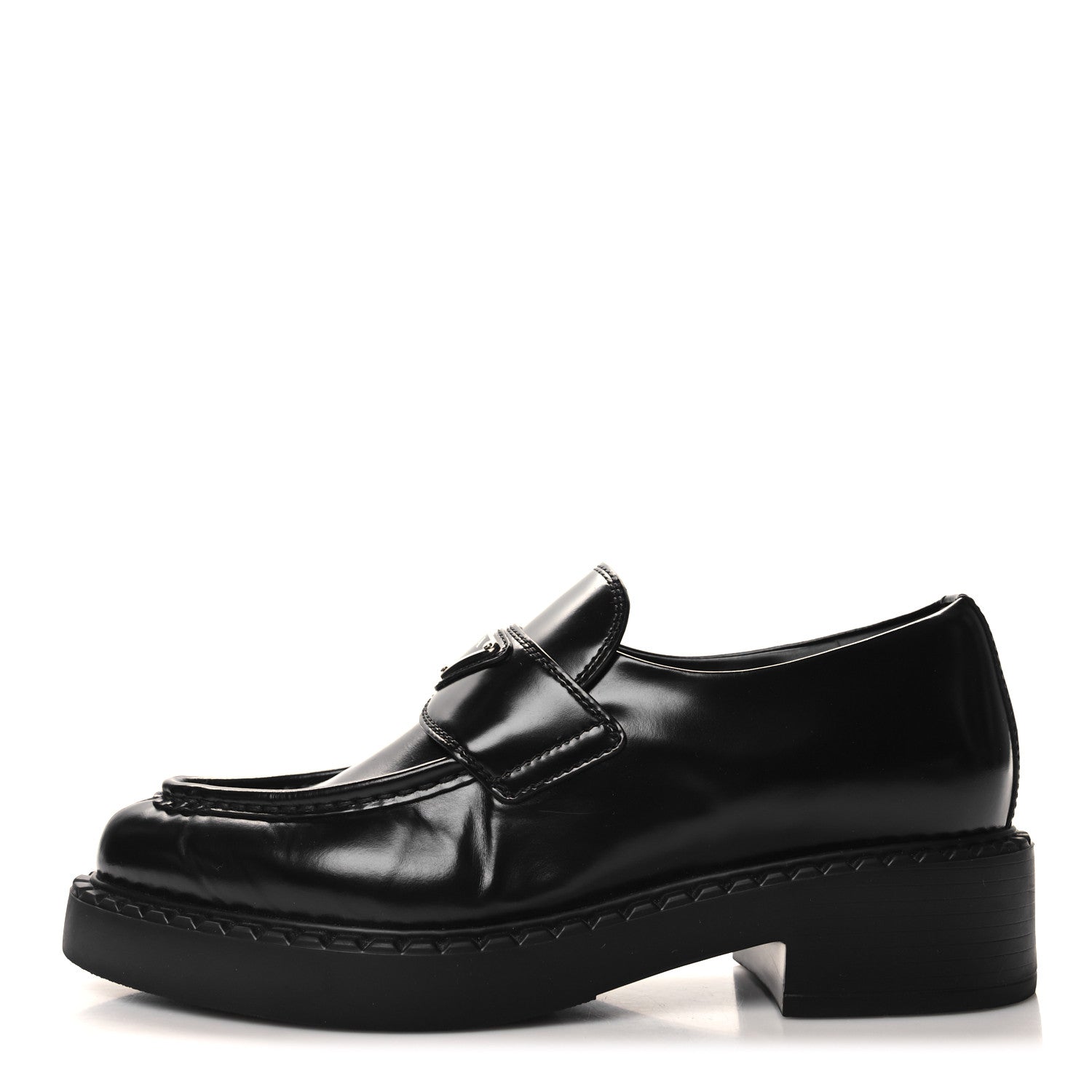 Prada Spazzolato Metal Triangle Logo Pointy 50mm Loafers 37.5 Black 1 of 9