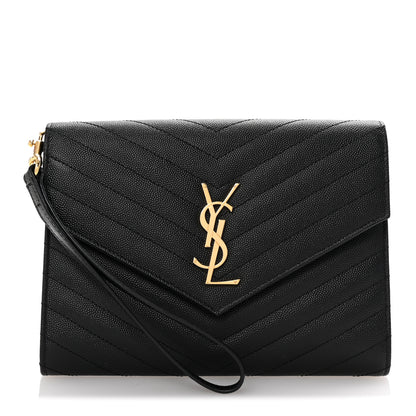 Saint Laurent Grain De Poudre Matelasse Chevron Monogram Envelope Clutch Black 1 of 8