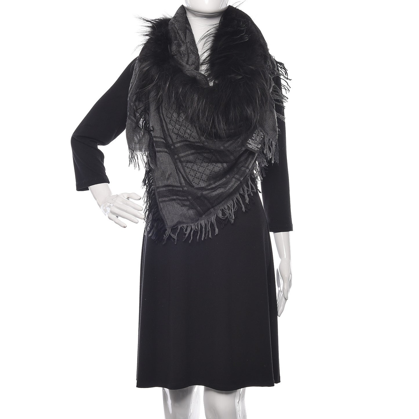 Wool Silk Fox Fur Monogram Shawl Scarf Black
