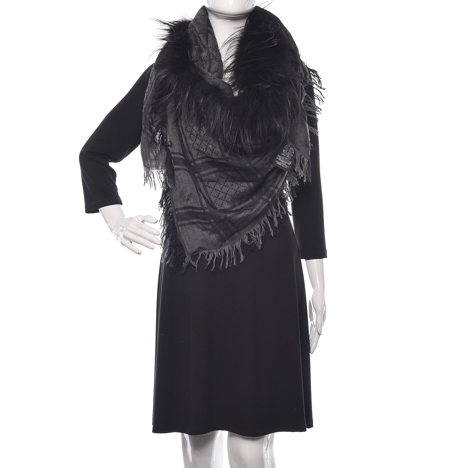 Gucci Wool Silk Fox Fur Monogram Shawl Scarf Black 2 of 5
