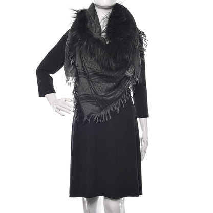 Gucci Wool Silk Fox Fur Monogram Shawl Scarf Black 2 of 5