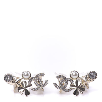 Chanel Crystal Pearl Sergeant CC Clip On Earrings Gold 1 of 5