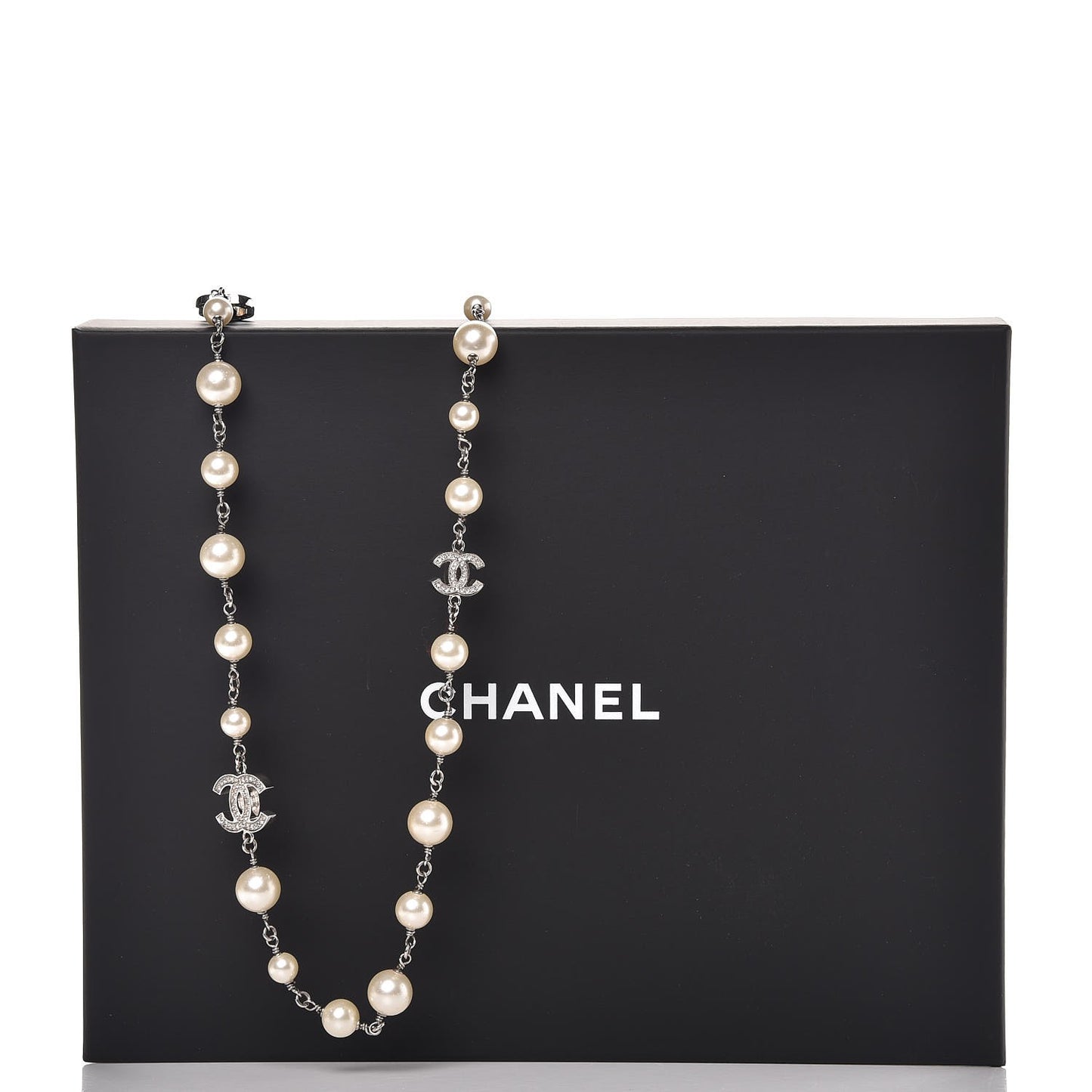 Graduated Pearl Crystal CC Long Necklace Silver