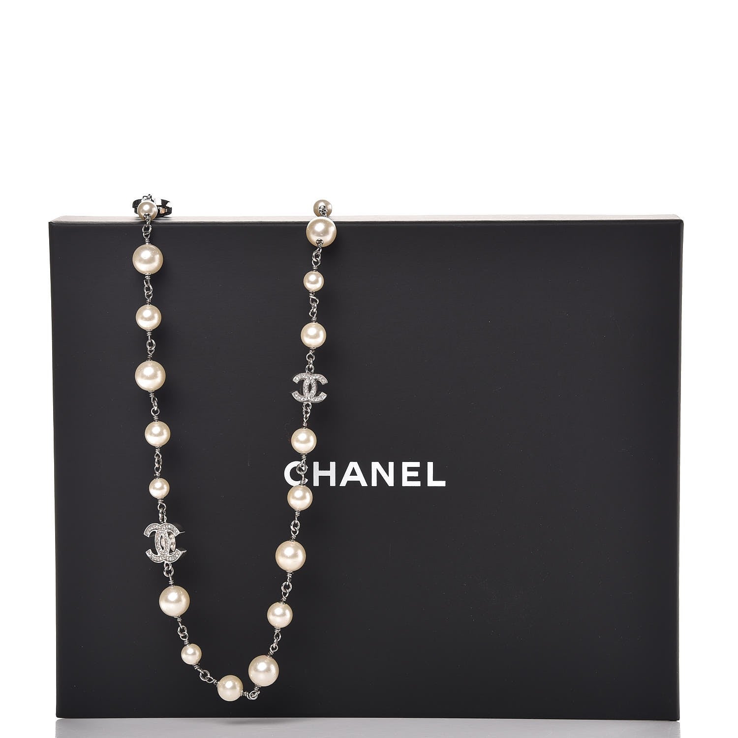 Chanel Graduated Pearl Crystal CC Long Necklace Silver 6 of 6