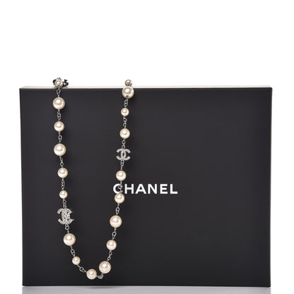 Chanel Graduated Pearl Crystal CC Long Necklace Silver 6 of 6